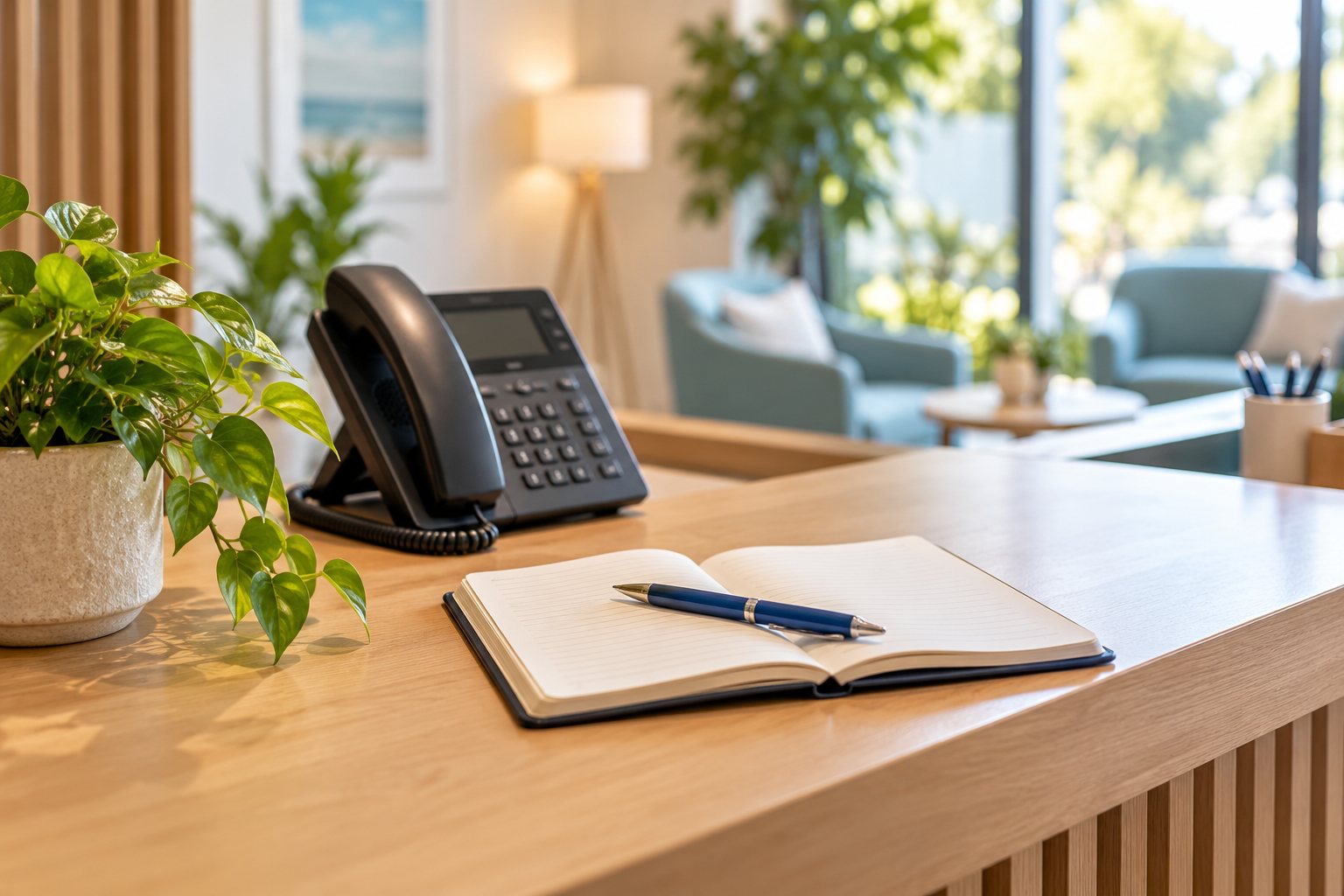 Illustrative image: A telephone and notebook on an inviting desk