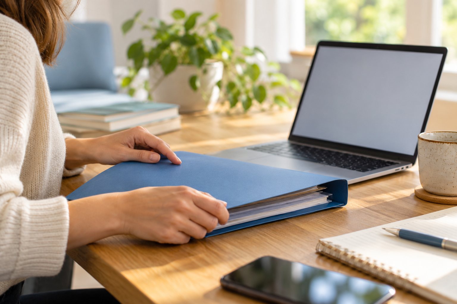 Illustrative image: Closing a document folder beside a laptop