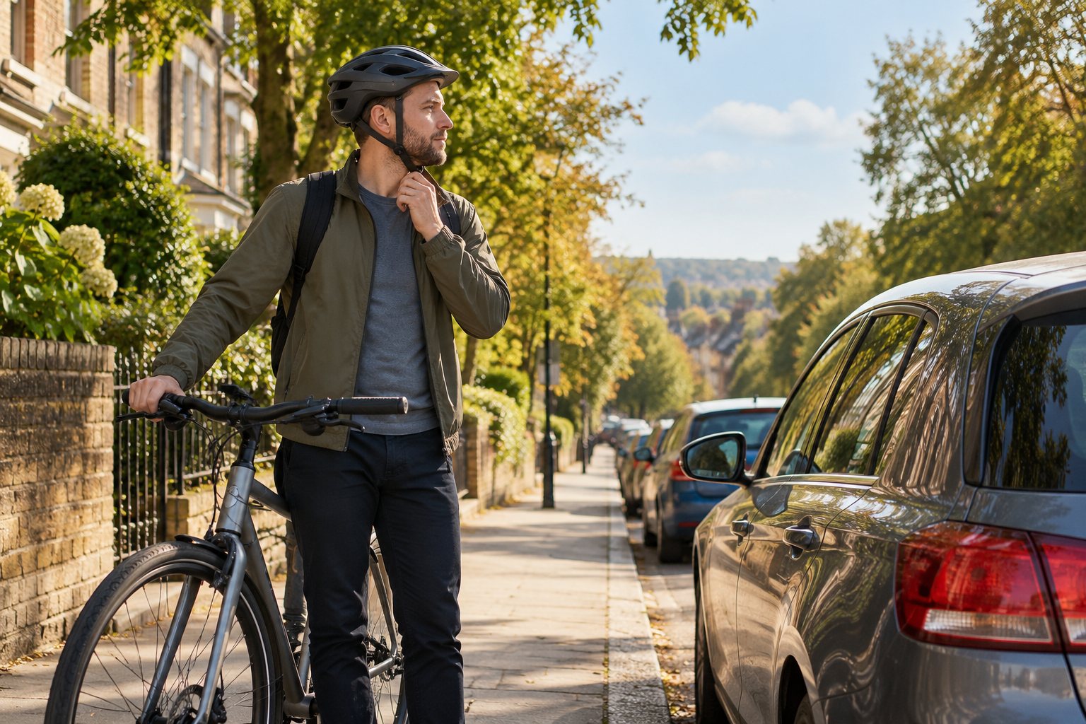 Illustrative image: A cyclist and bicycle beside a residential road