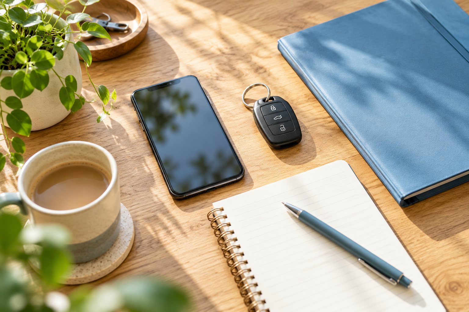 Illustrative image: Car keys, a phone and organised paperwork on a desk
