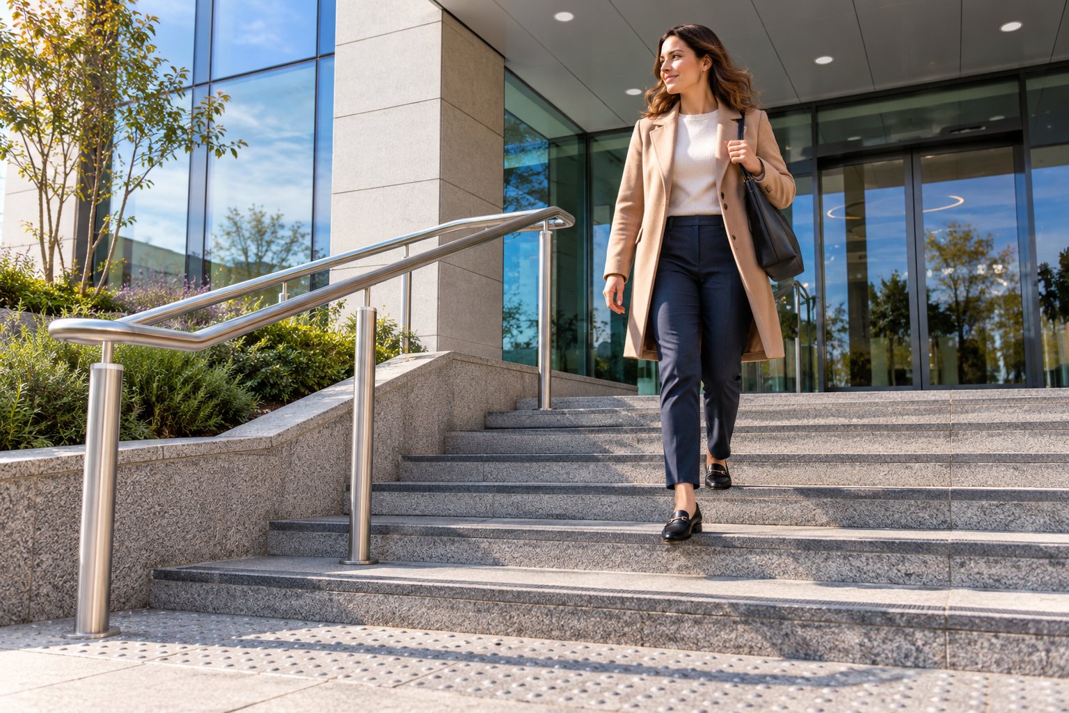Illustrative image: A public entrance with a handrail and safe walking surfaces