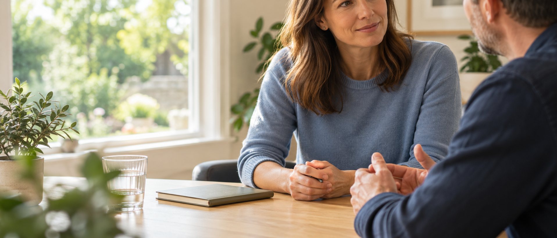Illustrative image: An attentive conversation beside a window